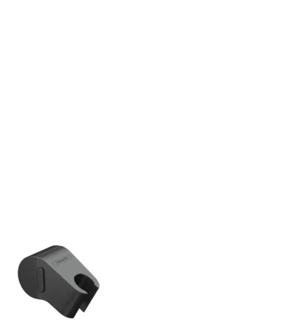 Schwarze Halterung von Hansgrohe zur Wandmontage für eine Handbrause, mit einem Ausschnitt zur Befestigung und einem stabilen Stand.